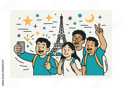Selfie at Landmark. Study trip moments. A group of students takes a selfie in front of a famous landmark; stars and motion lines highlight shared memory.