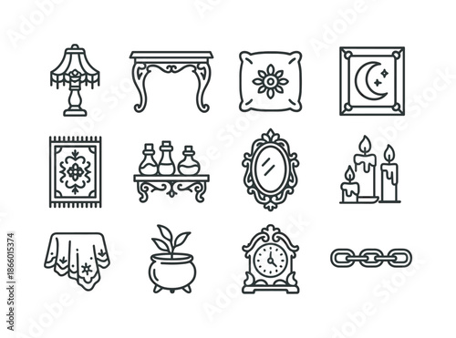 Whimsigoth Icon Set. Whimsigoth Interiors. Line icon set of Whimsigoth Interiors: ornate lamp, gothic table, velvet cushion, framed moon art, patterned rug,