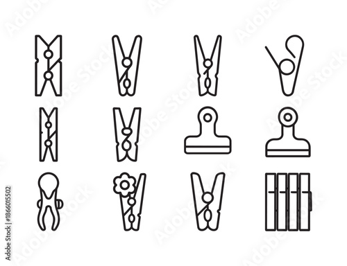 Clothespin Icon Collection. Clothespin Variants. Line icon set of Clothespin Variants: wooden pin, plastic pin, metal pin, spring hinge, mini pin, heavy-duty