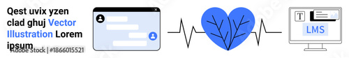 Online learning, telehealth, communication, health tracking, digital tools, education. Chat window, heart with heartbeat monitor displaying LMS. Online learning and telehealth concept