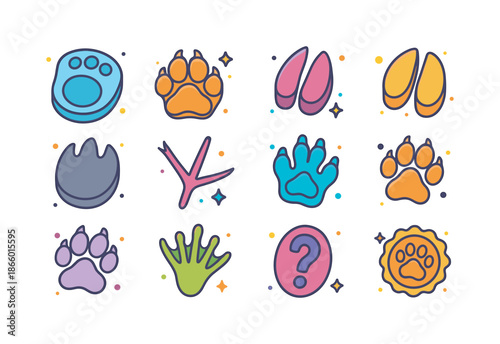 Colorful Animal Footprints. Animal Footprints. Colorful isometric vector icons set of Animal Footprints: elephant footprint, lion paw, zebra hoof, giraffe