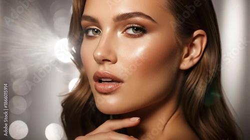 Glamorous model with radiant skin and natural makeup posing in studio lights to advertise