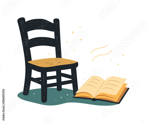 Rustic Reading Nook. Rustic reading chair. A chair with a slightly uneven back sits beside an open book, soft curves showing a gentle breeze. Light particles