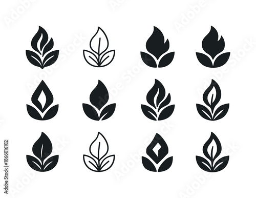 Renewable Energy Icons. Renewable energy adoption. Icon set. Set Logo of renewable energy adoption: biomass leaf flame. harmonious logo variations of the same
