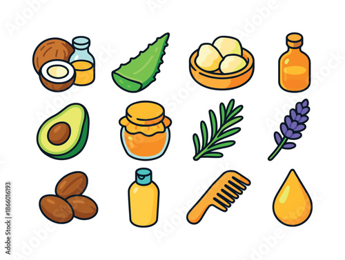 Natural Haircare Icons. Natural haircare ingredients. Colorful isometric vector icons set of natural haircare ingredients: coconut oil, aloe vera leaf, shea