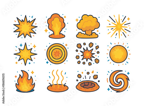 Colorful Explosion Icons. Explosion Effects. Colorful isometric vector icons set of Explosion Effects: impact burst, fire plume, dust cloud, spark explosion,