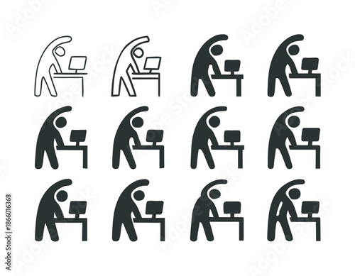 Stretch Break Icons. Taking a break from work to stretch. Icon set. Set Logo of Taking a break from work to stretch: movement wave. harmonious logo variations