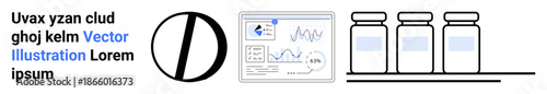 Healthcare, data analysis, pharmaceutical studies, vaccination, medical research, epidemiology. Digital chart and graphs beside three vials on a surface. Healthcare and pharmaceutical studies concept