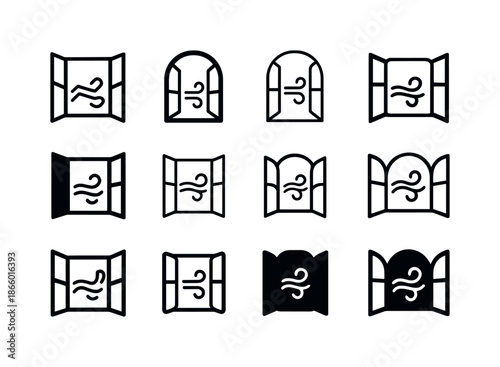 Embracing Solitude Icons. Embracing Solitude and Personal Time. Icon set. Set Logo of Embracing Solitude and Personal Time: open window with breeze entering.