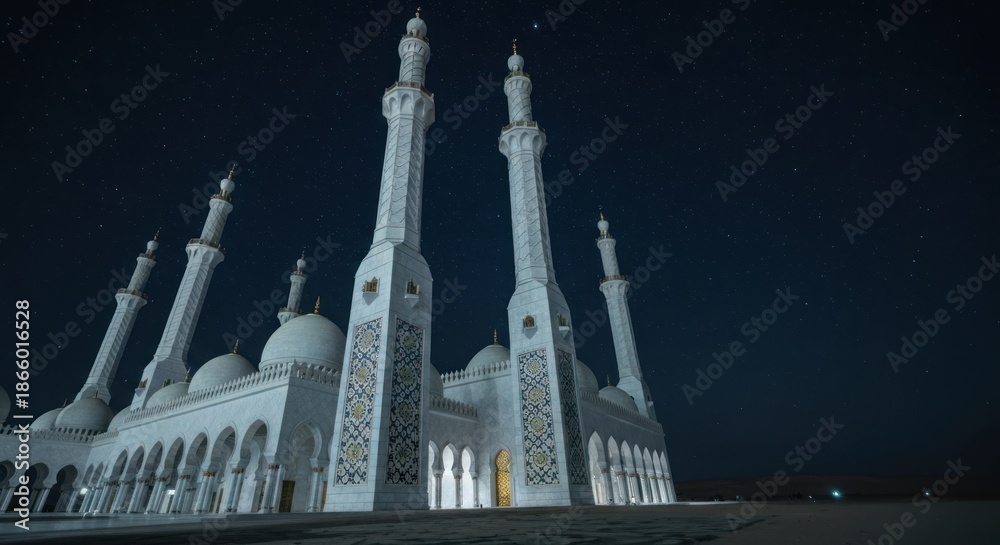Obraz premium A large white mosque with multiple minarets and domes at night