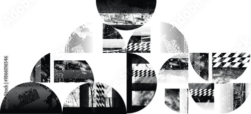 Half circles composition .Graffiti art design . Noise textured semi circles . Spray effect .Grunge texture .Art design forms.Distressed element .Rough roller paint semicircles .Vector 