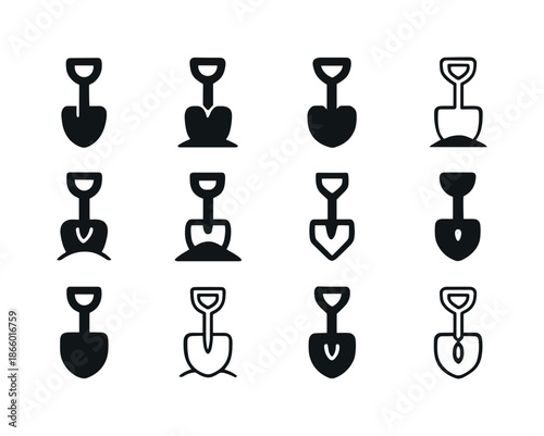 Sandbox Shovel Icons. Sandbox shovel. Icon set. Set Logo of sandbox shovel: shovel imprint. harmonious logo variations of the same emblematic concept, each