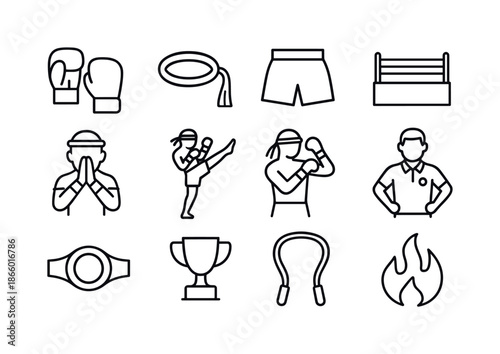 Muay Thai Icon Set. Muay Thai. Line icon set of Muay Thai: gloves, headband, shorts, ring, fighter pose, kick, elbow strike, referee, belt, trophy, rope, flame