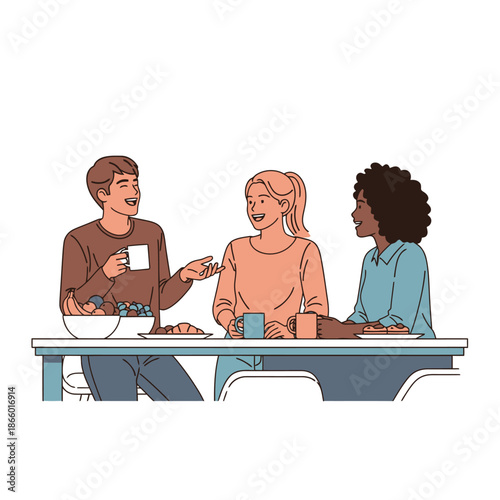 Three happy young colleagues are enjoying a casual coffee break, laughing and engaging in friendly conversation around a modern kitchen island during a break in a sleek 2D flat graphic office lounge
