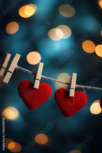 Two red hearts are hanging on a clothesline. The clothesline is made of wire and the hearts are attached to it with clothespins