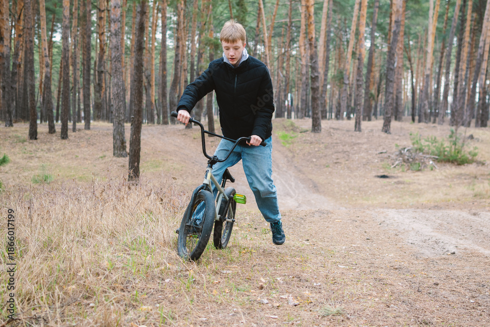 Fototapeta premium A young boy performs a BMX trick on a dirt path in a pine forest, embodying youthful energy and outdoor adventure. Perfect for themes of active lifestyle and recreation.