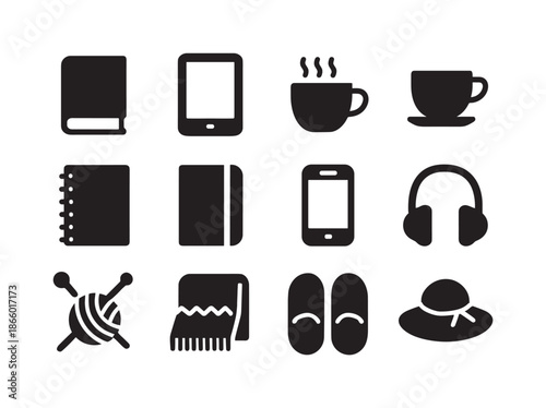 Leisure Icons Grid. Leisure items. Solid icon set of leisure items: book, tablet, coffee cup, tea cup, sketchbook, journal, phone, headphones, knitting