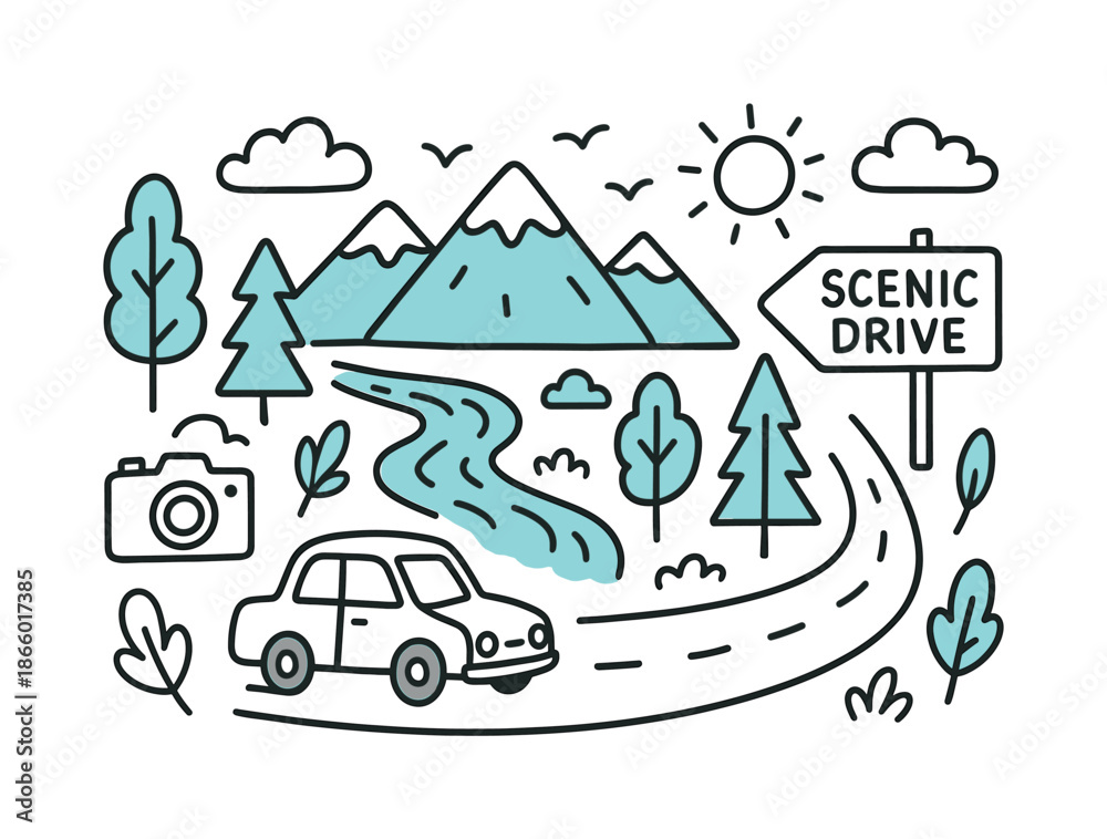 Fototapeta premium Scenic Drive Doodle. Scenic Drive. Hand-drawn doodle illustration Scenic Drive mountains (accented), trees, river (accented), car, sun, clouds (accented),