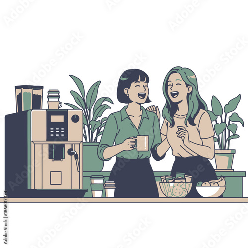 Happy young female colleagues share a laugh and a light moment by the office coffee machine and snack bar in a vibrant 2D flat graphic illustration