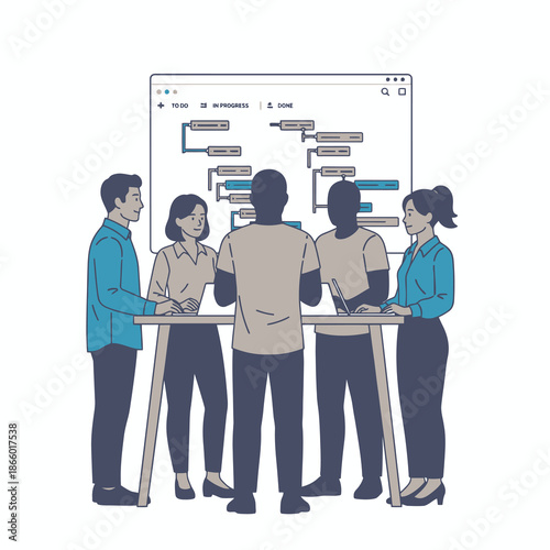 Focused diverse employees hold a morning standup meeting in a vibrant 2D flat graphic office, reviewing tasks on a prominent digital kanban board