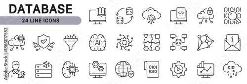 Database line icon set showing Data, Storage, Computing, Analytics, Programming, Information