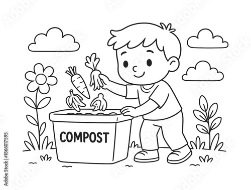 Kids Compost Coloring. Agricultural waste reduction children?s coloring book illustration, outlined drawing, child placing leftover vegetable parts into a