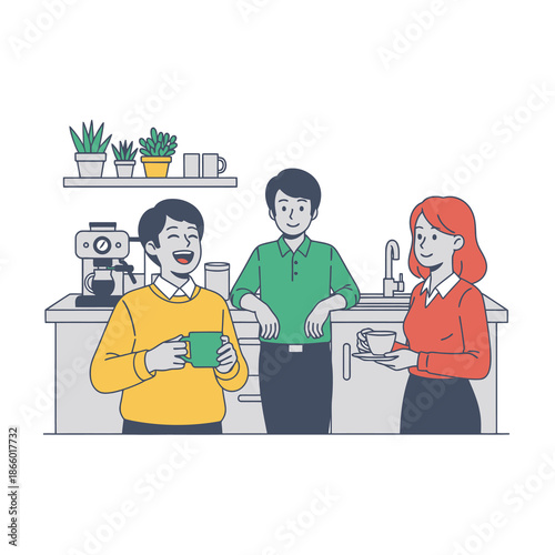 Flat 2D graphic illustration showing three happy colleagues laughing during a short coffee break in a modern office kitchenette, promoting positive company culture