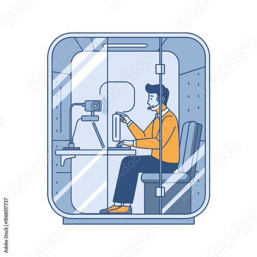 Flat 2D graphic illustration shows a focused male employee participating in a professional motion conference call from inside a modern soundproof office pod with a headset and webcam