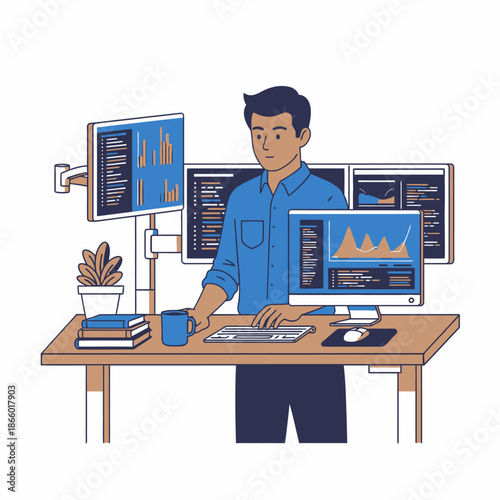 Flat 2D graphic illustration of a focused male professional operating multiple computer monitors at a modern ergonomic standing desk in a bright, routine office environment