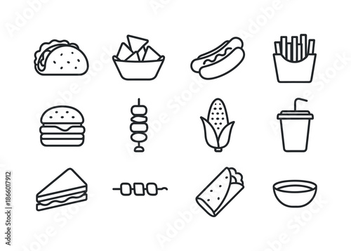 Street Food Icons. Street food. Line icon set of Street food: taco, nachos, hotdog, fries, burger, kebab, corn, soda cup, sandwich, skewer, burrito, sauce