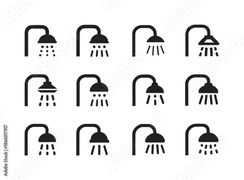 Showerhead Icon Set. Showerhead spray. Icon set. Set Logo of Showerhead spray: shower arm and head. harmonious logo variations of the same emblematic concept,