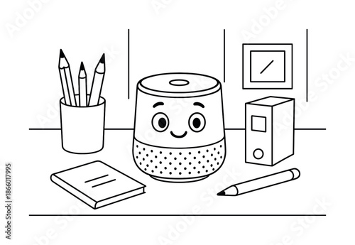 Smart Speaker Coloring Page. Office smart assistant children?s coloring book illustration, outlined drawing, a small friendly smart speaker on a desk next to