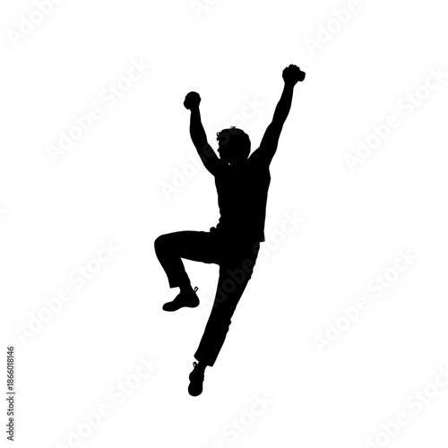 Silhouette of a man climbing, reaching for the top.