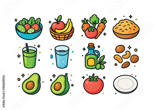 Healthy Food Icons. Healthy eating. Colorful isometric vector icons set of healthy eating: salad bowl, fruit basket, vegetables, whole grains, smoothie, water
