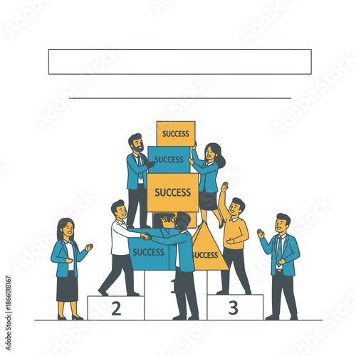 Diverse business team stacking Success shapes on a podium in a corporate hall, celebrating a major achievement with high fives and handshakes in a vibrant flat 2D graphic illustration