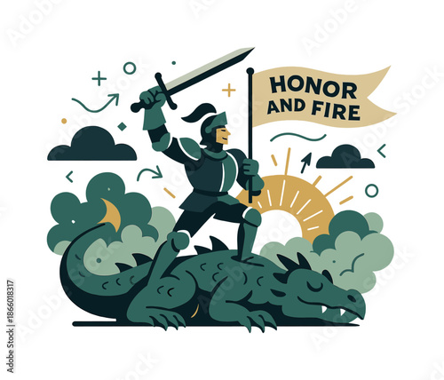 Knight's Triumphant Victory. Knight?s victory. A triumphant knight stands atop a vanquished dragon, sword raised as sunrise cuts through the smoky mist. A