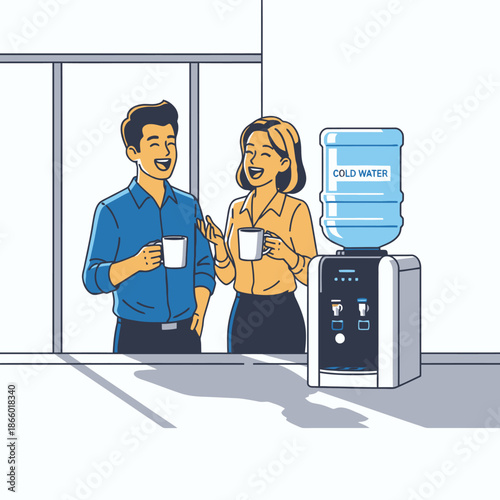 A vibrant 2D flat graphic illustration captures two happy young professionals laughing and sharing ideas during a casual coffee break near a sleek office water cooler