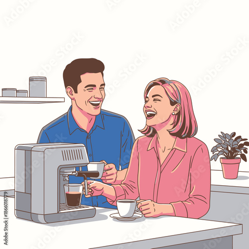 A 2D flat graphic illustration captures two diverse young professionals laughing and enjoying a positive casual coffee break next to a modern espresso machine in a brightly lit office kitchen