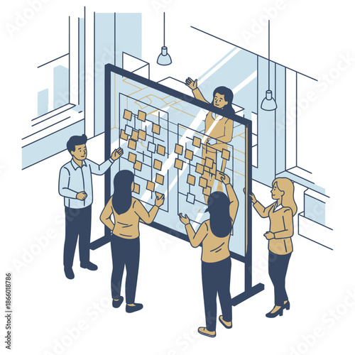 A 2D flat graphic illustration shows four young professionals standing and collaborating, placing sticky notes on a glass planning board during a brainstorming session in a modern office