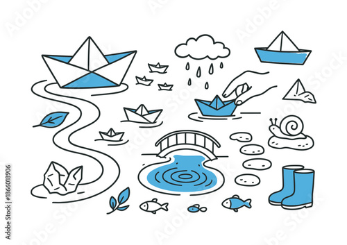 Floating Paper Boats. Floating paper boats. Hand-drawn doodle illustration floating paper boats [folded paper boat (accented), group of tiny boats, curvy
