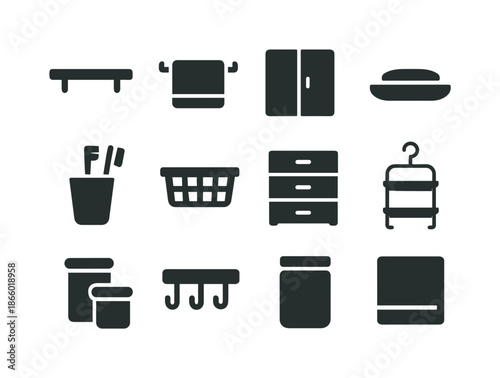 Bathroom Storage Icons. Bathroom Storage. Solid icon set of bathroom storage: wall shelf, towel rack, mirror cabinet, soap dish, toothbrush holder, basket,