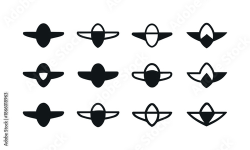 Glider Logo Variations. gliding. Icon set. Set Logo of gliding: glider aircraft nose. harmonious logo variations of the same emblematic concept, each with