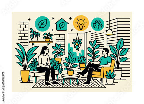 Sustainable Green Spaces. Biophilic design and green architecture ? sustainable communal areas. Shared spaces brim with greenery and natural textures; floating