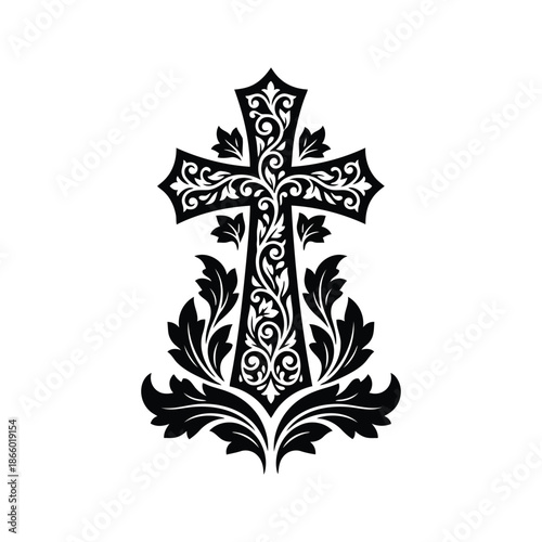 Ornate christian cross with flourishes and acanthus leaves vector graphic