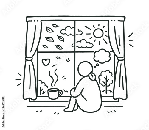 Contemplative Window View. Window gazing in silence. Hand-drawn doodle illustration Window gazing in silence window frame, seated figure, cup of tea, soft