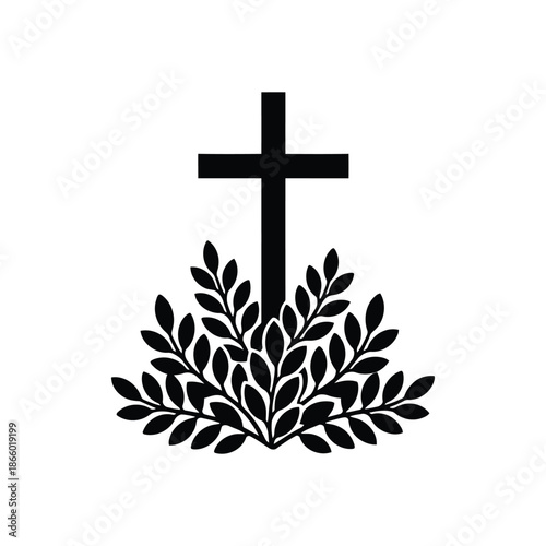 Christian cross with laurel wreath silhouette icon for faith and remembrance