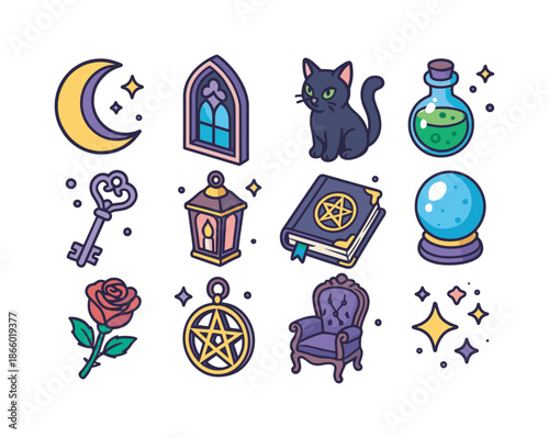 Whimsigoth Icons Collection. Whimsigoth. Colorful isometric vector icons set of Whimsigoth: crescent moon, gothic arch window, black cat, potion bottle, ornate