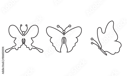 Black butterfly icon.  Three different black butterfly silhouettes arranged horizontally, isolated on white background, suitable for design, decoration, tattoo, logo, or nature concepts.
