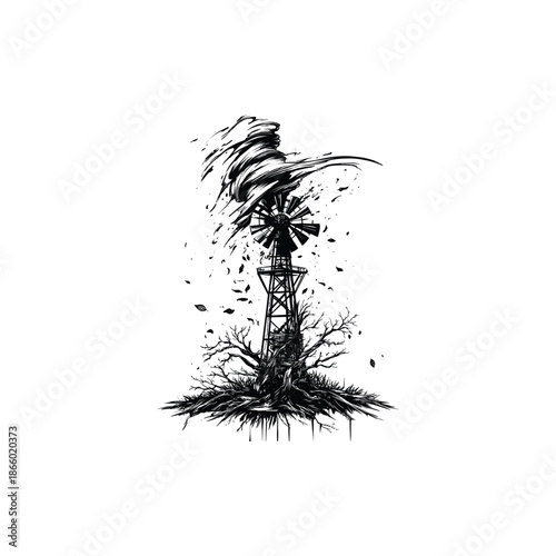 Vintage style illustration of a farm windmill being hit by a powerful tornado or wind storm.