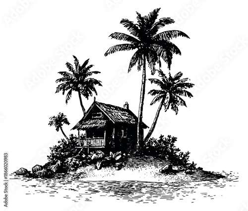 Hand drawn illustration of a tropical island depicting a charming hut and palm trees for vacation and travel concepts